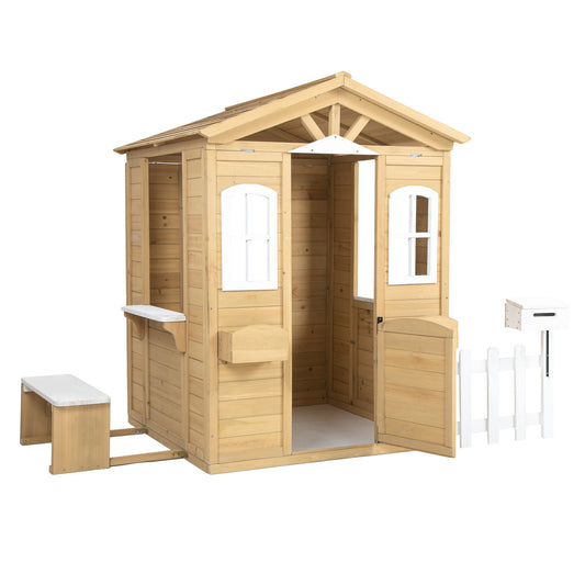 Wooden Playhouse For Kids Outdoor With Working Door, Windows, Mailbox, Bench, Flowers Pot Holder - Natural