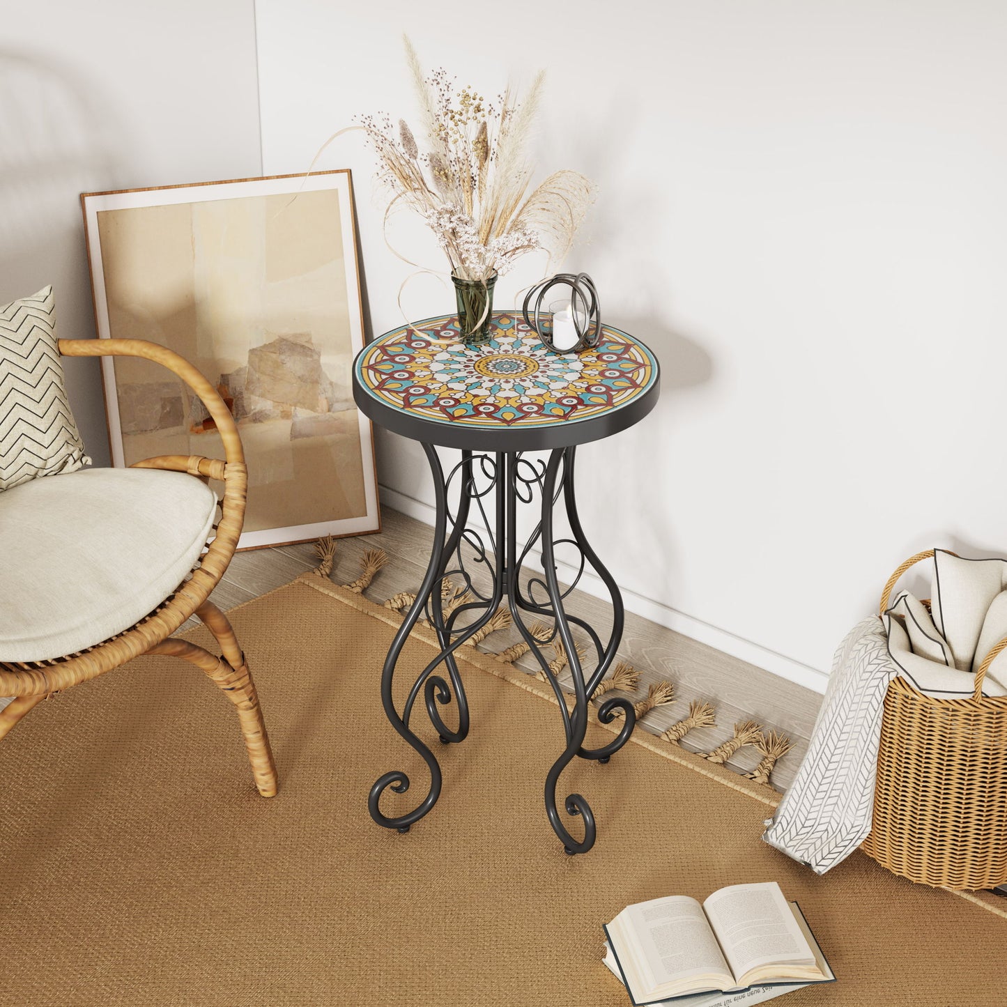 Colorful Outdoor Side Table With Ceramic Tile Top Noble House