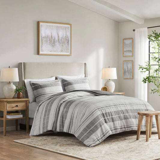 Rhodes - 3 Piece Stripe Duvet Cover Set - Gray