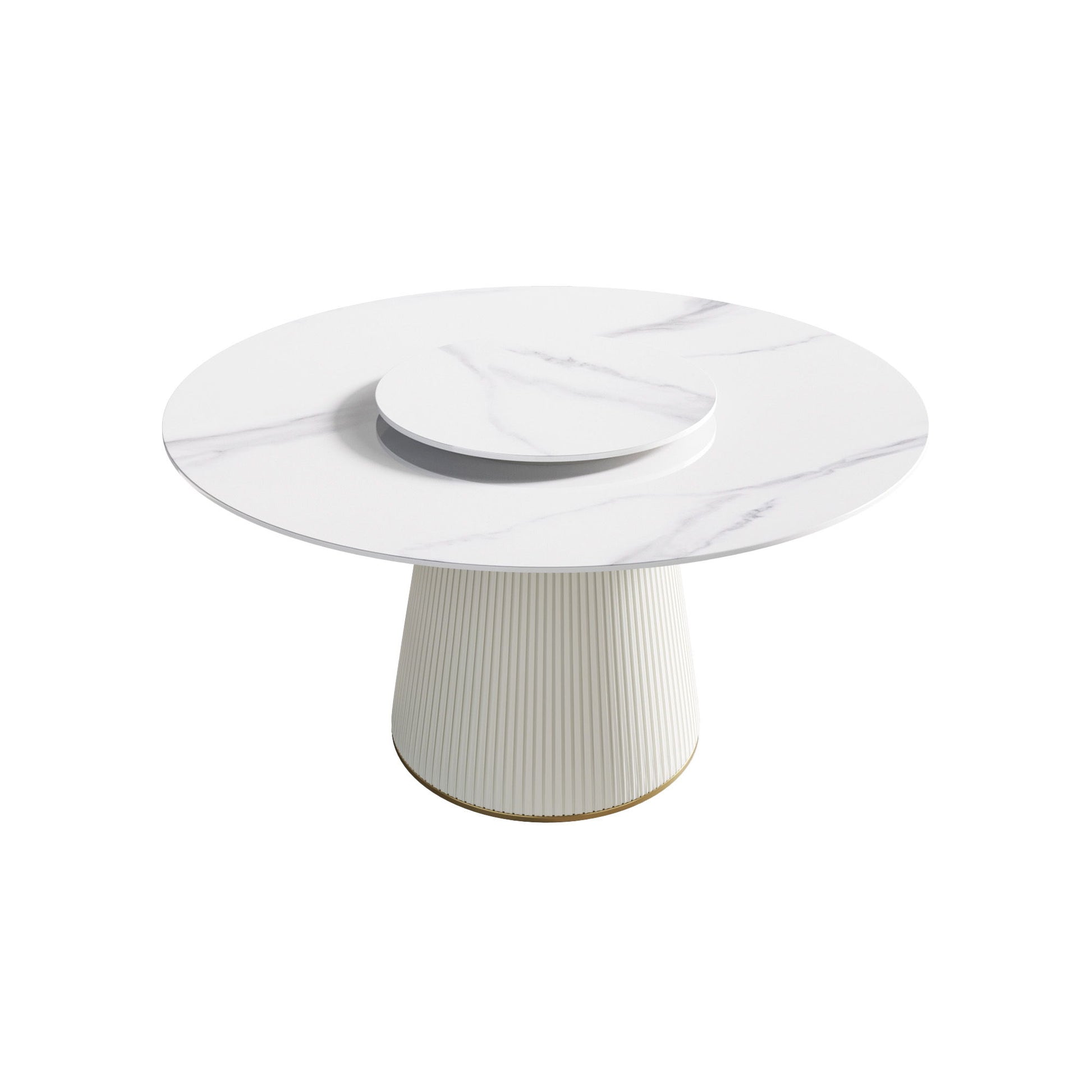Modern Artificial Stone Round Plywood Base Dining Table, Can Accommodate 6 People, Artificial Stone Turntable (Not Including Chairs) - White / Beige Home Essentials