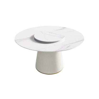 Modern Artificial Stone Round Plywood Base Dining Table, Can Accommodate 6 People, Artificial Stone Turntable (Not Including Chairs) - White / Beige Home Essentials