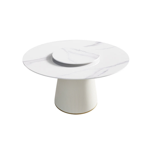Modern Artificial Stone Round Plywood Base Dining Table, Can Accommodate 6 People, Artificial Stone Turntable (Not Including Chairs) - White / Beige Home Essentials