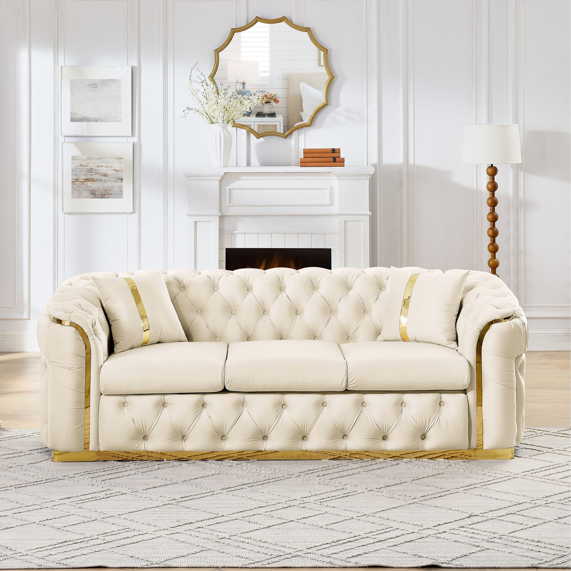 Button Tufted Couch With 2 Pillows, 3 Seater Luxury Chesterfield Sofa Home Essentials