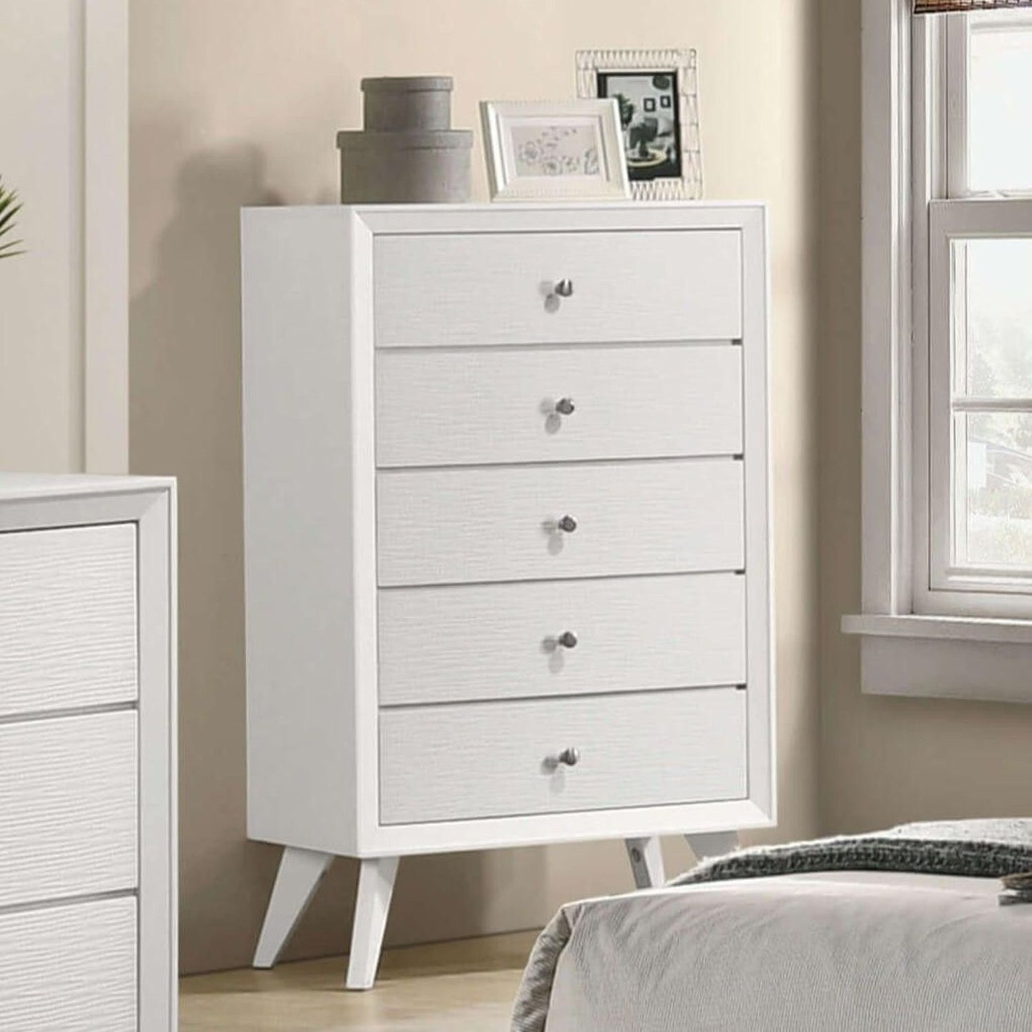 1 Piece Chest With Angled Legs, Wave Texture, Round Knobs - White Home Essentials