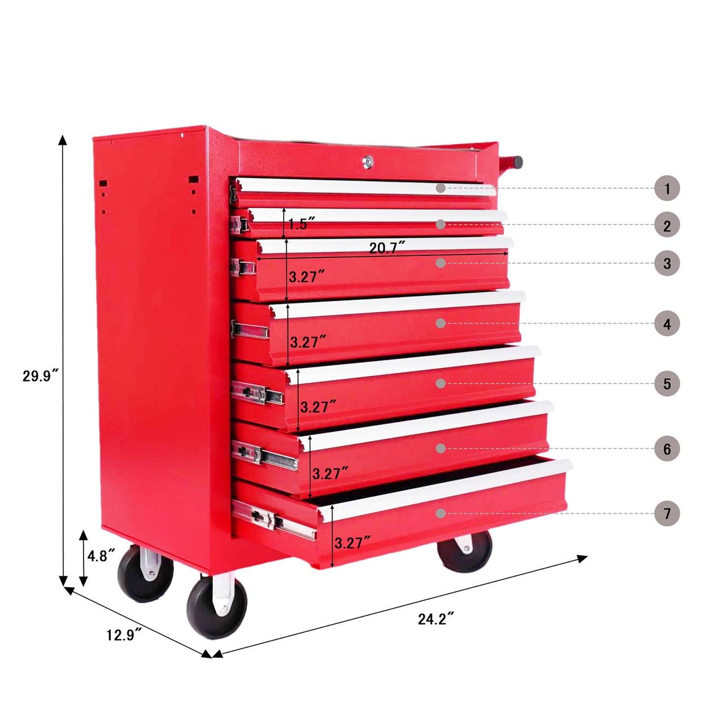 Red 7 Drawer Metal Rolling Tool Chest With Locking System And Wheels, Steel Construction - Red Daily Nest