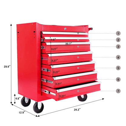 Red 7 Drawer Metal Rolling Tool Chest With Locking System And Wheels, Steel Construction - Red Daily Nest