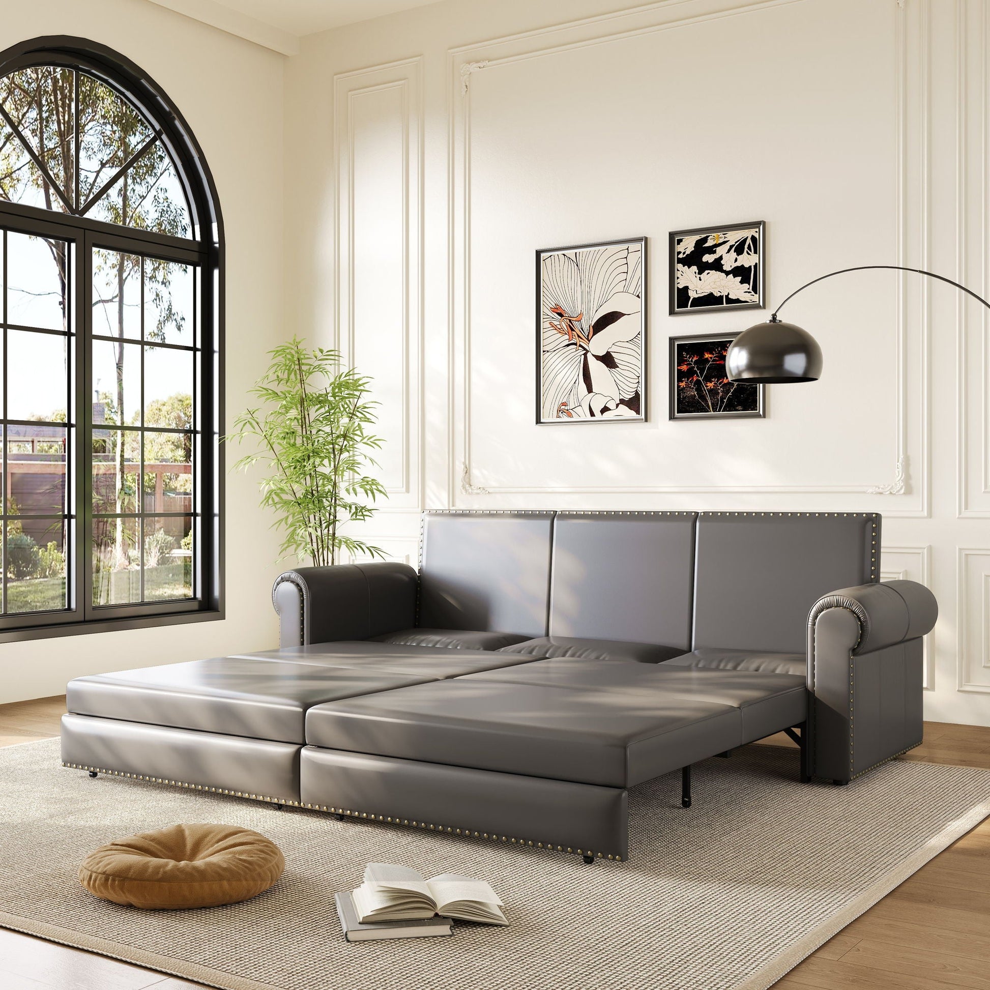 3 In 1 Convertible Sleeper Sofa With Nailhead Trim & Rolled Arm Home Essentials