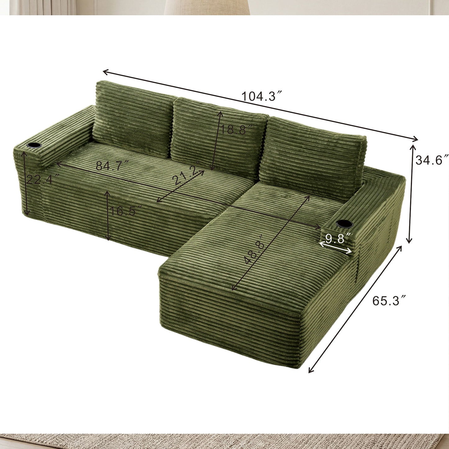 Cloud Sectional Couch, Modular Sectional Sofa With Deep Seat, Boneless Couches With L-Shape Chaise For Living Room - Green Home Essentials