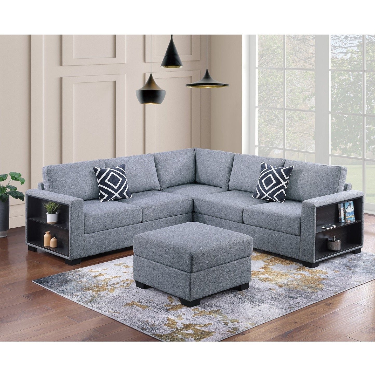 Contemporary Sectional Sofa 4 Piece Set With Built In Shelves L - Shaped Design Home Essentials