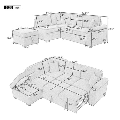 Sleeper Sofa Bed, 2 In 1 Pull Out Sofa Bed L Shape Couch With Storage Ottoman For Living Room, Bedroom Couch And Small Apartment