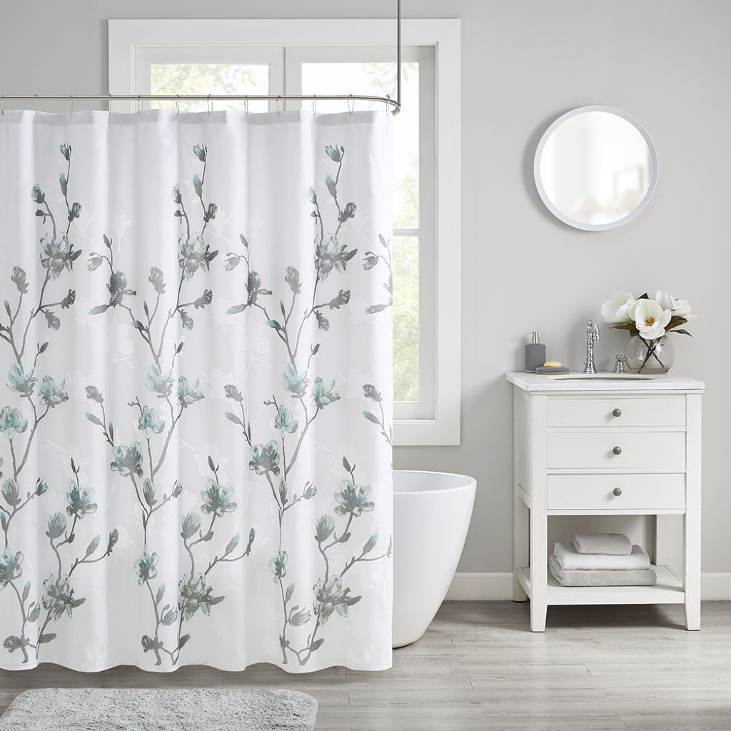 Magnolia - Floral Printed Burnout Shower Curtain - Aqua