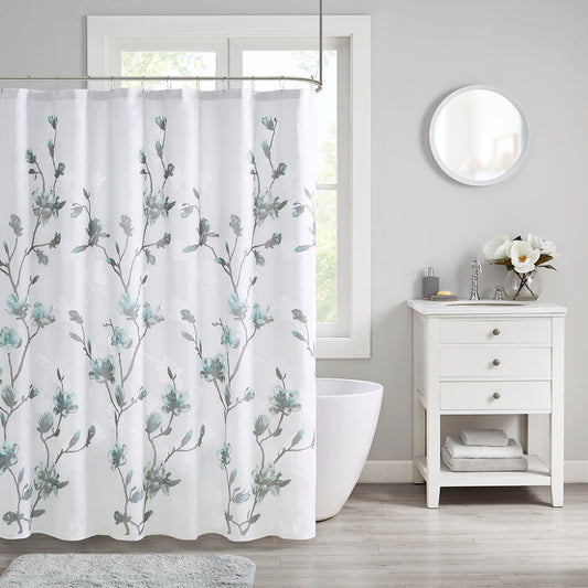 Magnolia - Floral Printed Burnout Shower Curtain - Aqua