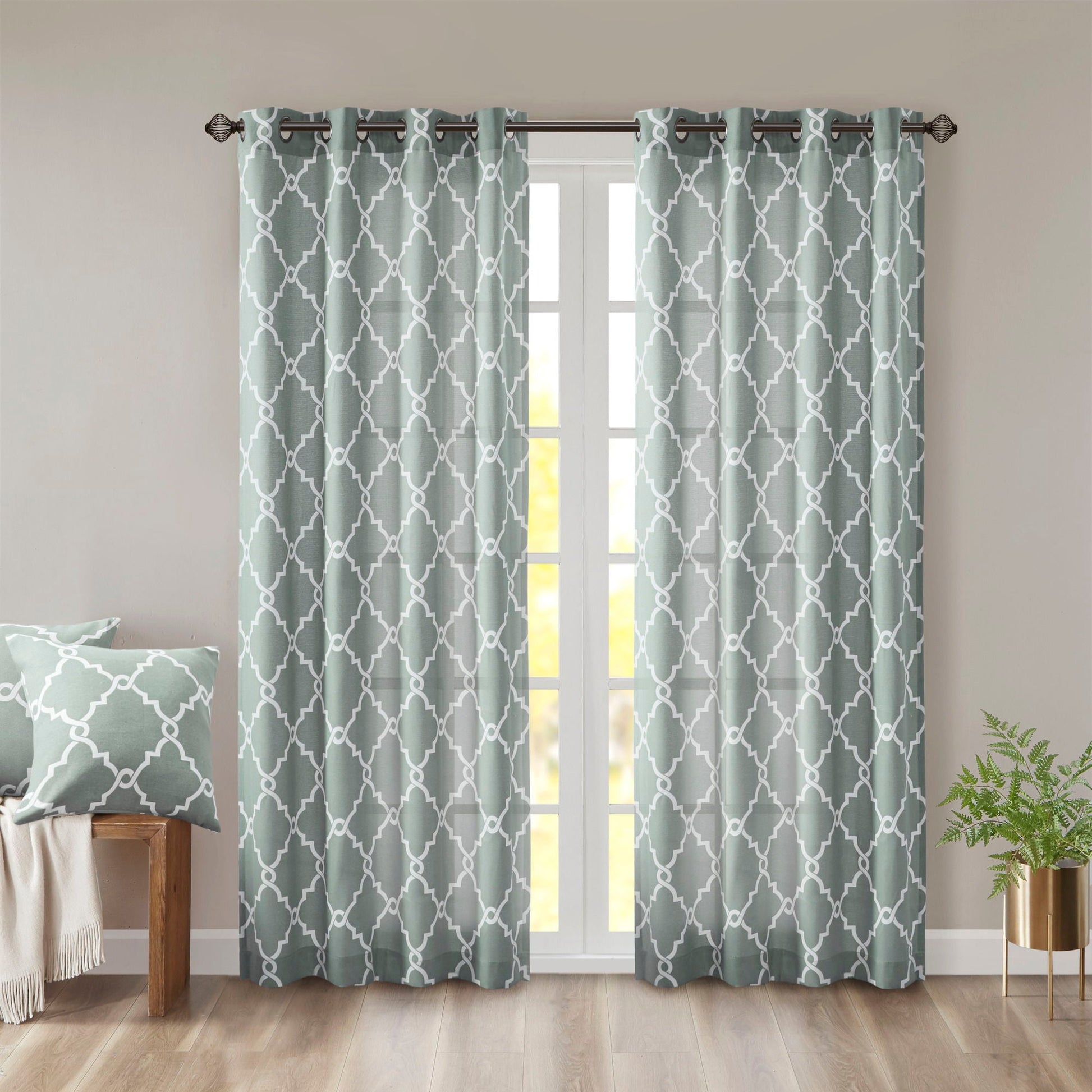 Saratoga - 84" Fretwork Print Grommet Top Window Curtain - Seafoam Madison Park