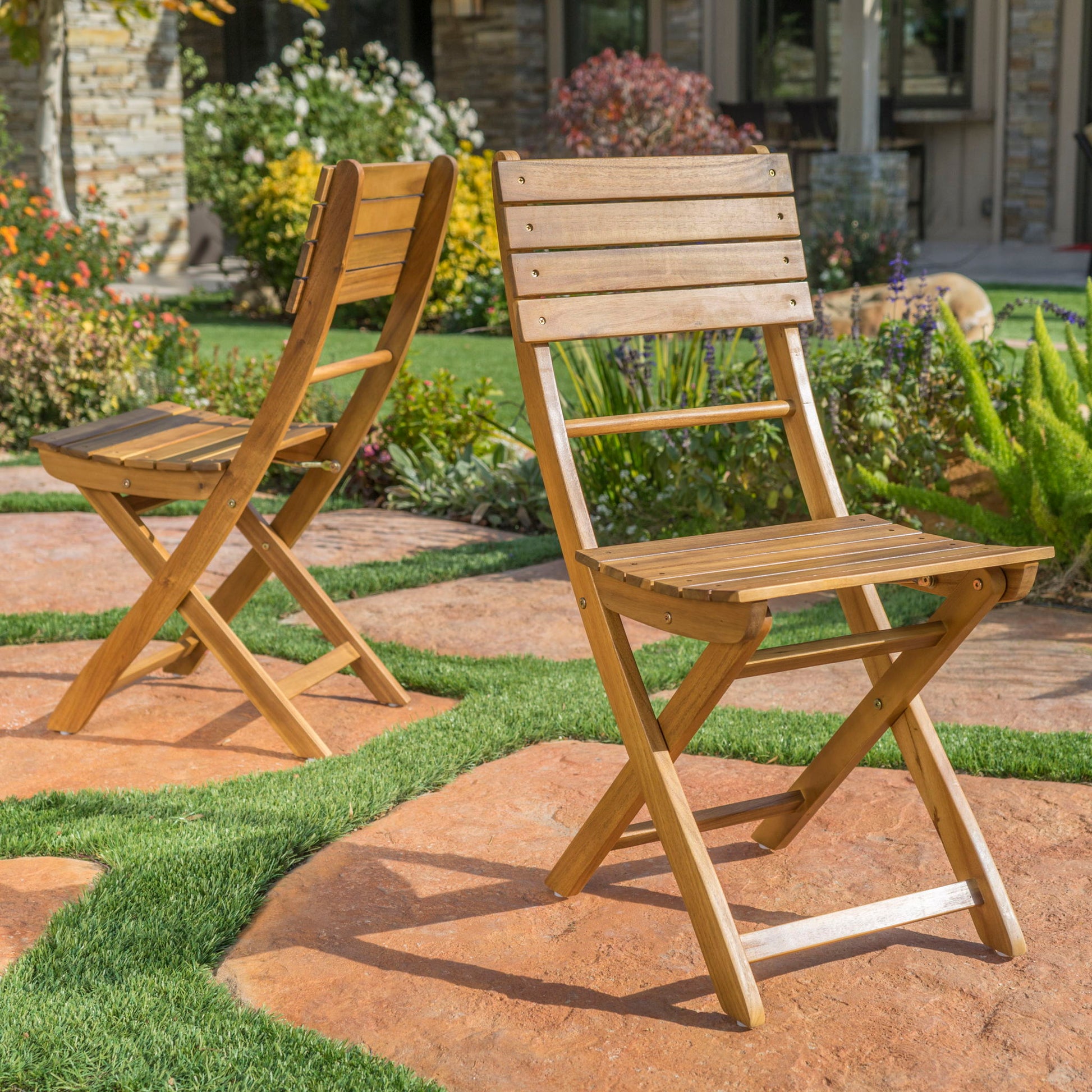 Outdoor Foldable Wood Dining Chair With Slat Design (Set of 2) Noble House