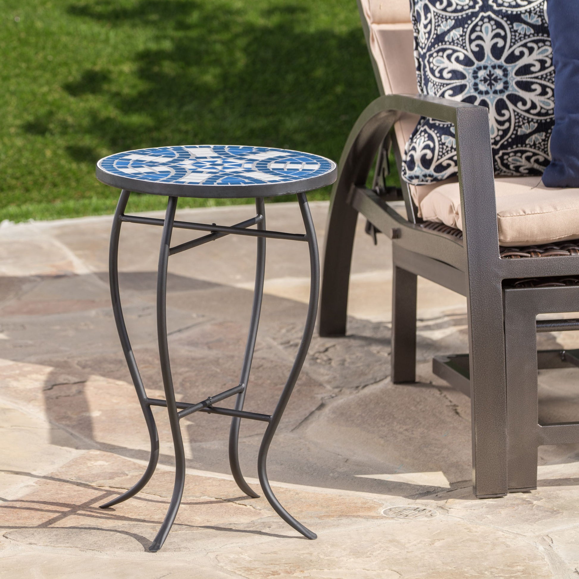 Outdoor Round Side Table With Mosaic Style Top And Curved Iron Legs - Blue / Matte Black Noble House