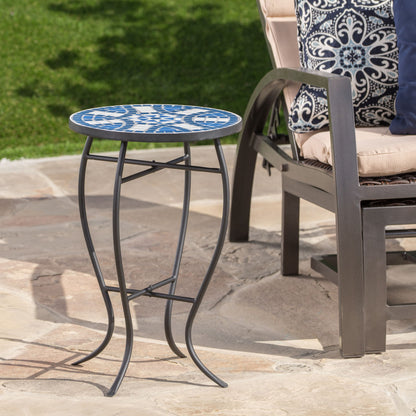 Outdoor Round Side Table With Mosaic Style Top And Curved Iron Legs - Blue / Matte Black Noble House