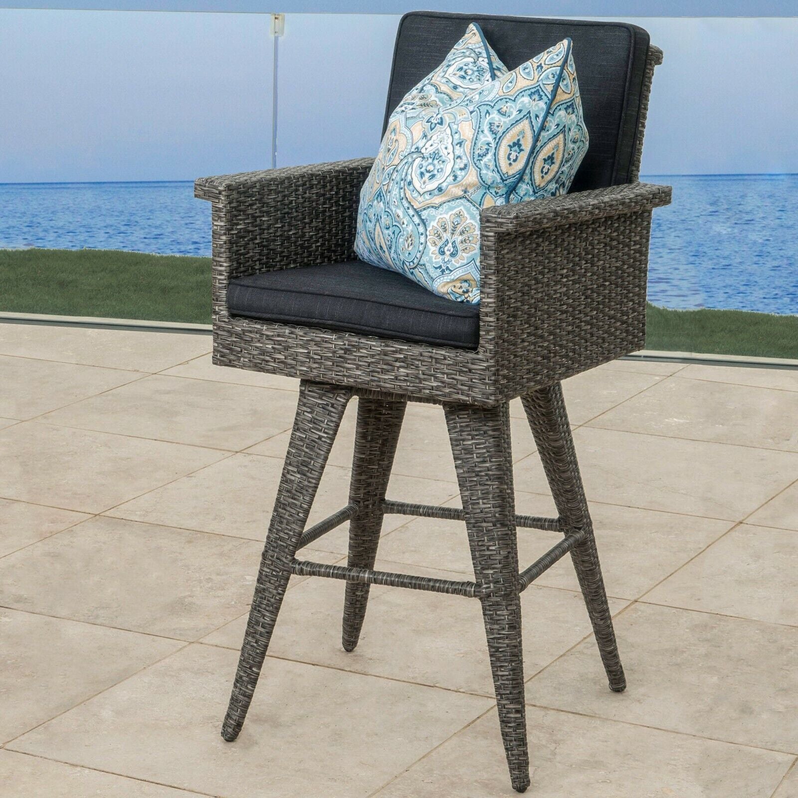 Outdoor Rattan Swivel Barstool With Water Resistant Cushion - Mixed Black / Dark Gray Noble House