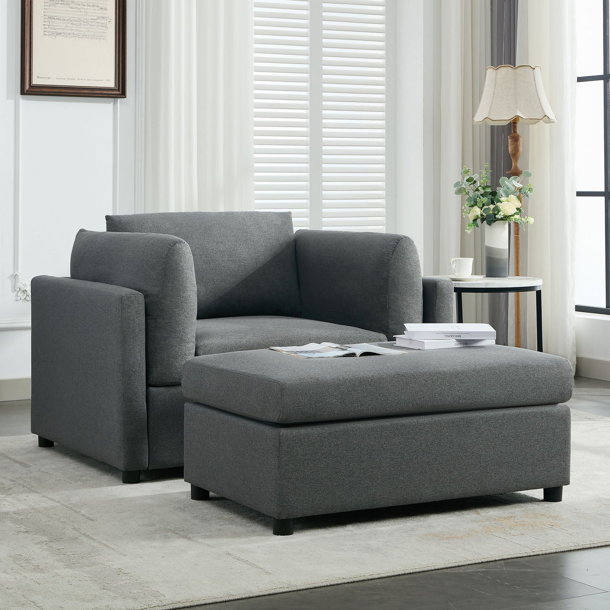 Wide Modern Oversized Armchair With Ottoman Stool, Single Sofa With Lumbar Support, Accent Chair Hearth and Haven