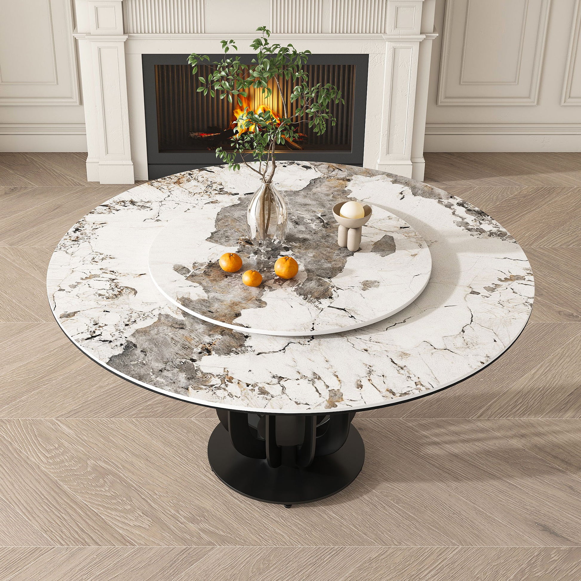 Round Dining Table With Carbon Steel Base And Lazy Susan Industrial Style - Black / White Home Essentials