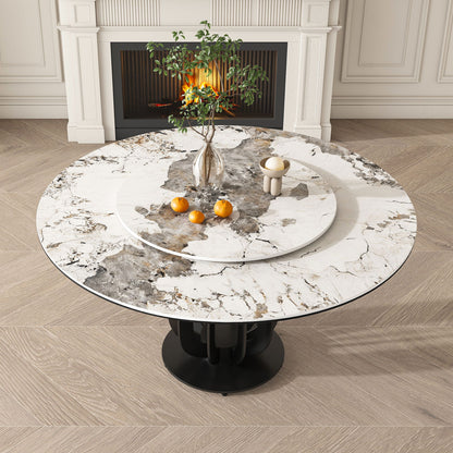 Round Dining Table With Carbon Steel Base And Lazy Susan Industrial Style - Black / White Home Essentials