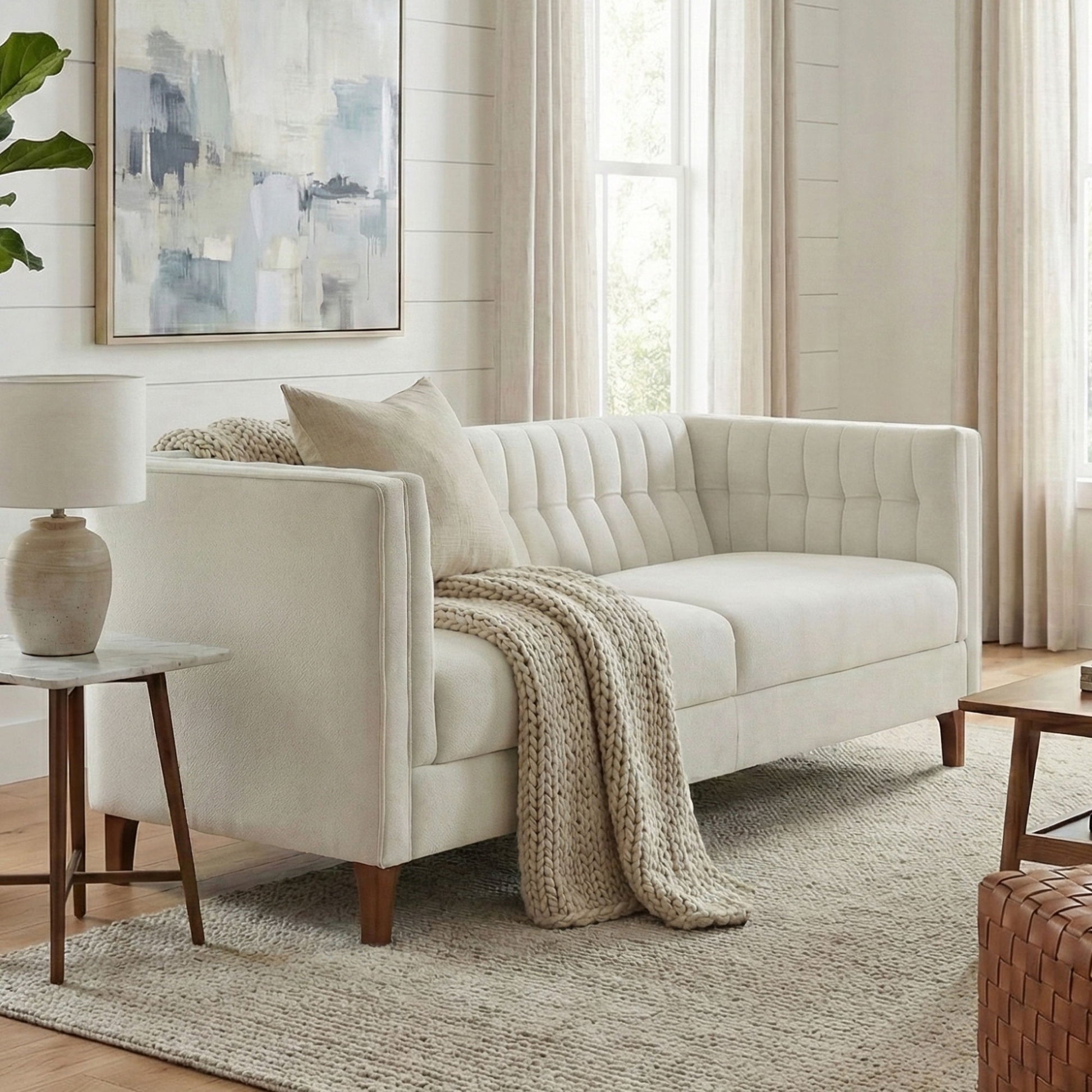 Modern 3 Seater Sofa, Upholstered Couch With Curved Armrests Noble House