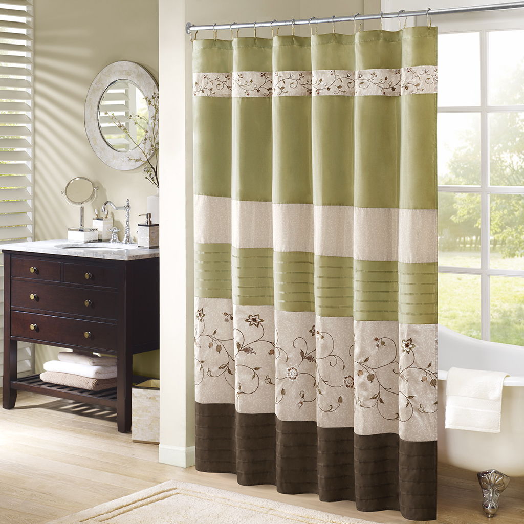 Serene - Embroidered Floral Shower Curtain - Green