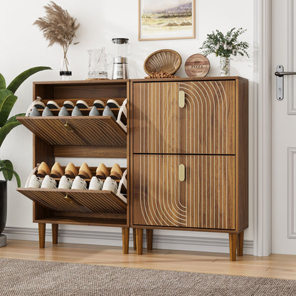 Modern Minimalist Shoe Storage Cabinet With 2 Flip Drawers And Metal Handles - Brown Daily Nest