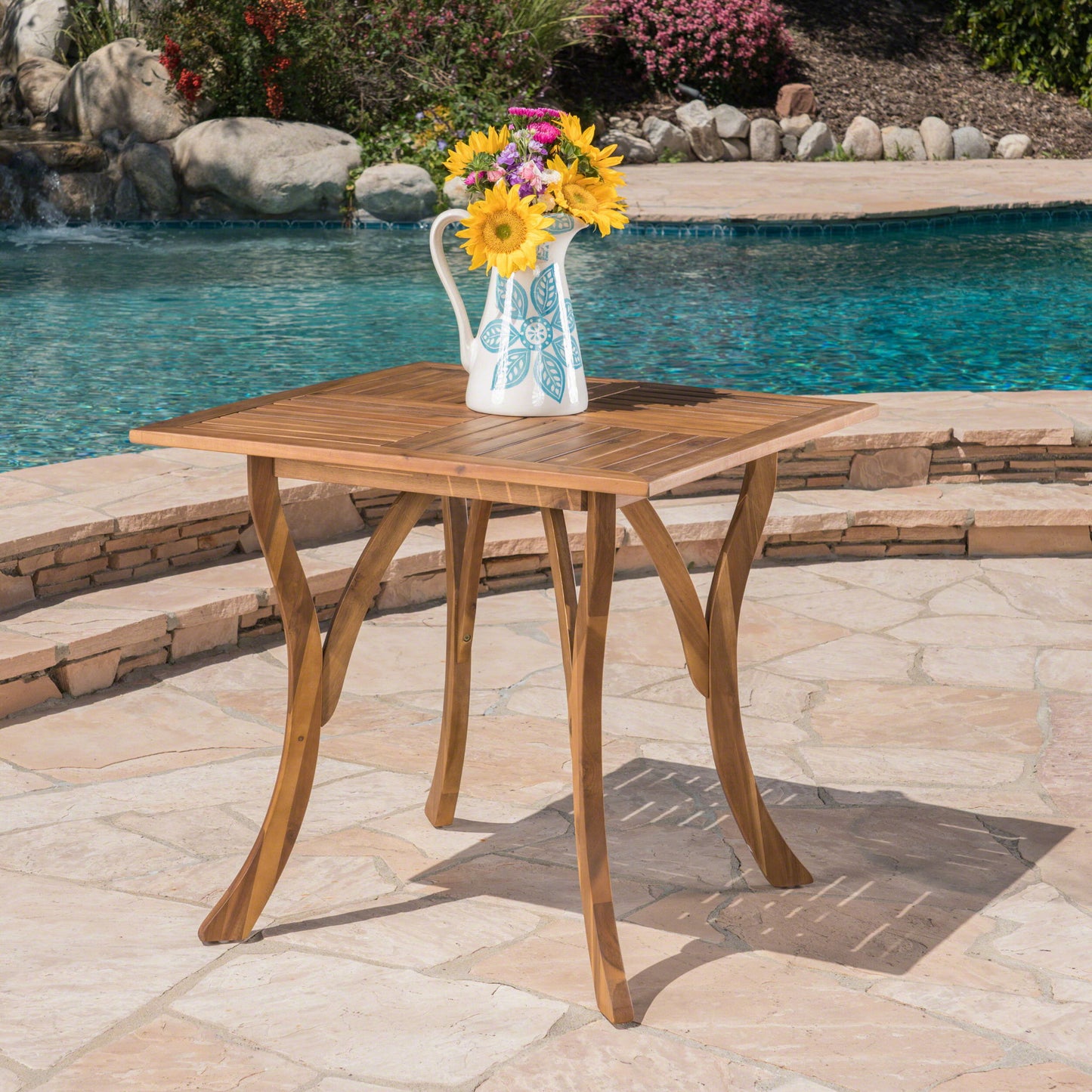 Outdoor Rectangular Table With Curved Legs And Perpendicular Wooden Slats Table Top Noble House