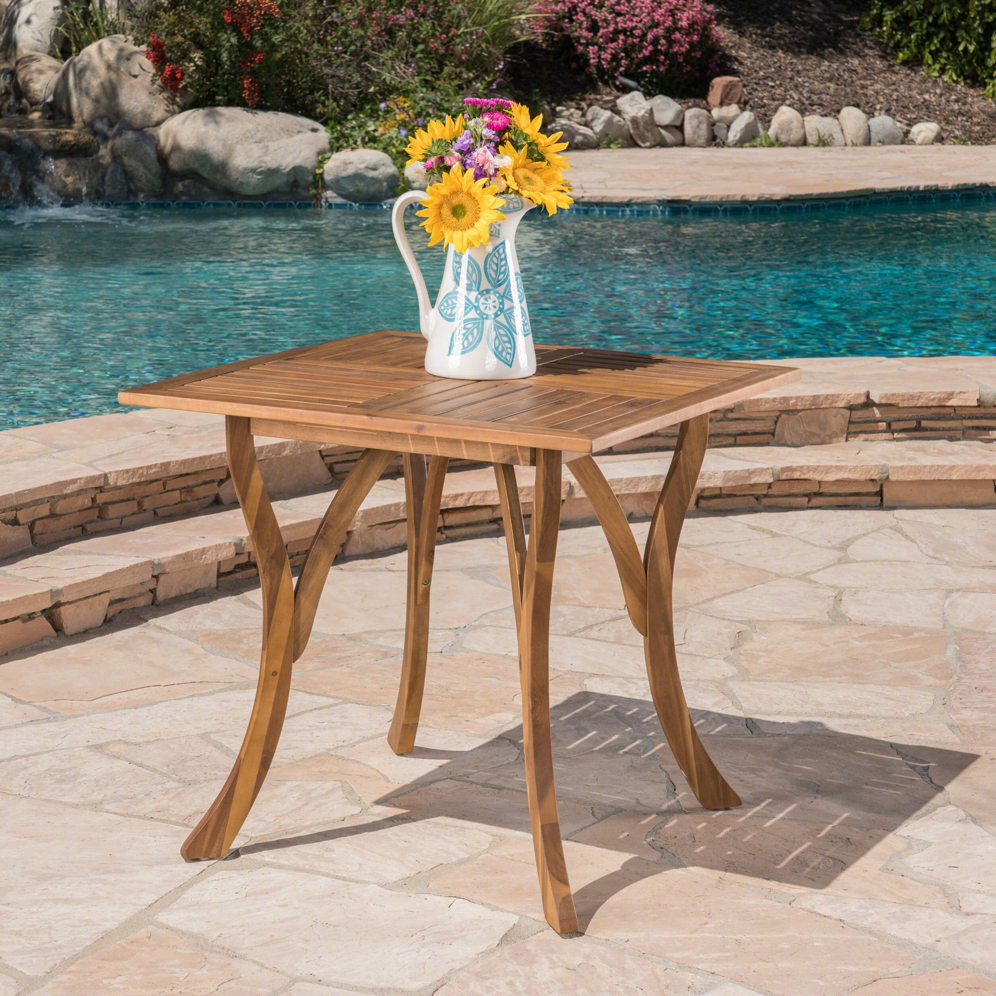 Outdoor Rectangular Table With Curved Legs And Perpendicular Wooden Slats Table Top Noble House