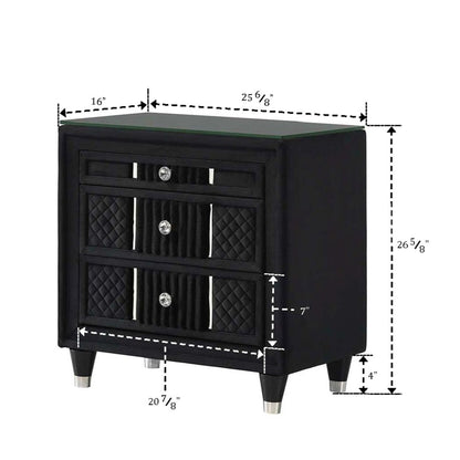 1 Piece Nightstand Upholstery Textured Look Luxurious Feel Drawer Fronts Crystal Style Knobs - Black Home Essentials