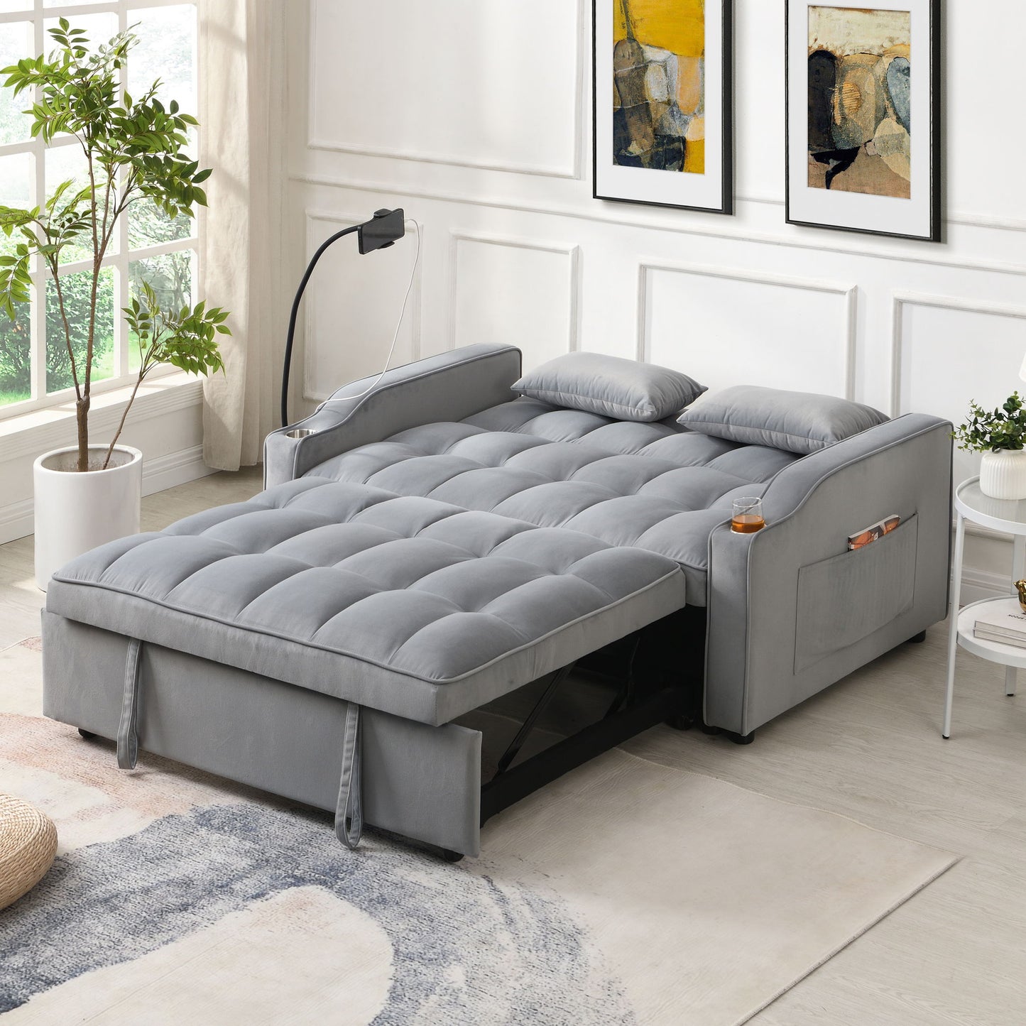 Modern Velvet Loveseat Futon Sofa With Pullout Bed, Adjustable Reclining Backrest, Toss Pillows Home Essentials