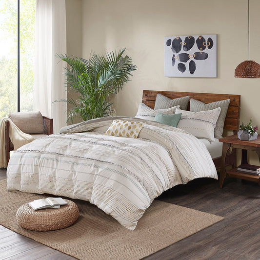 Nea - Printed Comforter Set With Trims - Off White / Gray INK+IVY