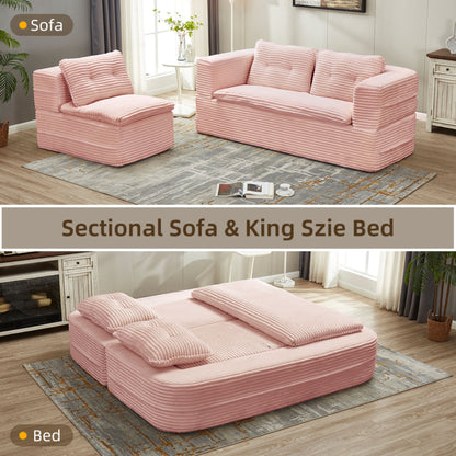 Multi Functional Sectional Sofa Bed With Independent Chaise Lounge And Functional Blanket, Convertible King Size Bed, Deep Seat - Baby Pink Home Essentials