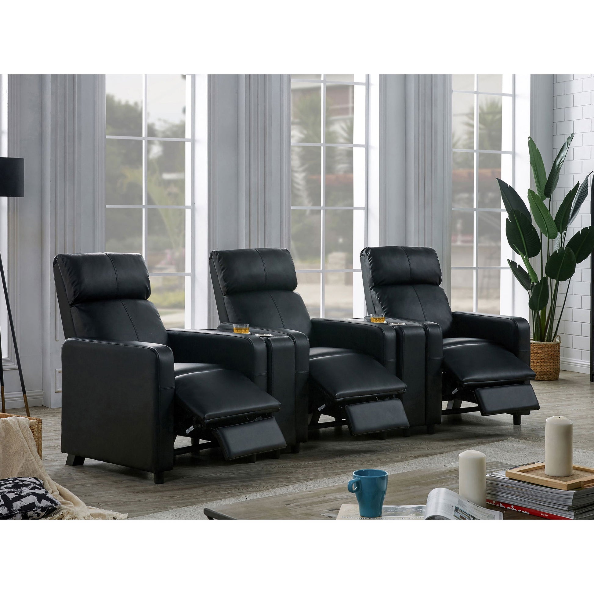 Warren - 3 Seater Home Theater With 2 Wedge Consoles Recliners - Black Furniture Max