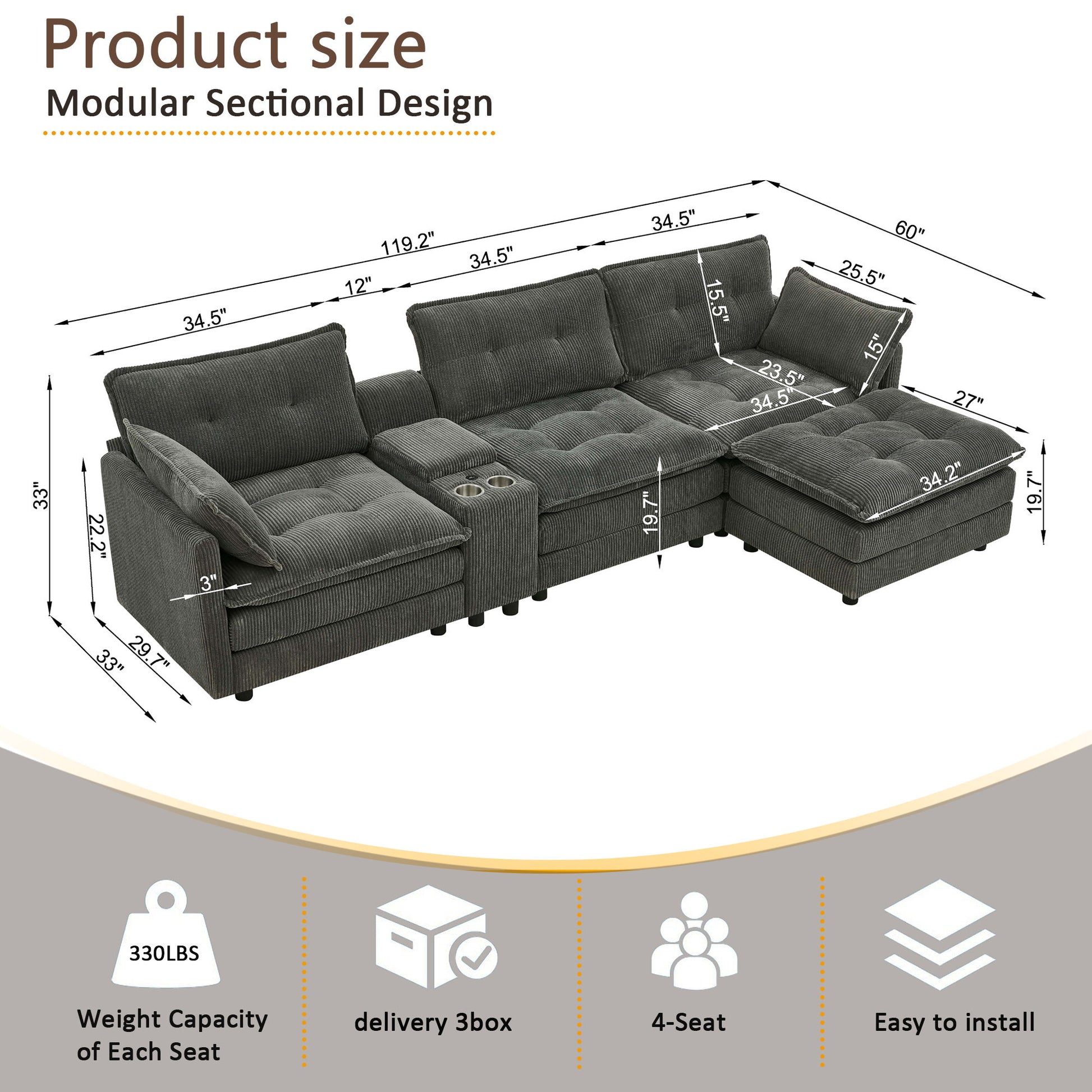 Oversized Modular Sectional Sofa With Multi Functional Console Home Essentials