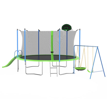 12Ft Trampoline With Slide And Swings, Astm Approved Large Recreational Trampoline With Basketball Hoop And Ladder, Outdoor Backyard Trampoline With Net, Capacity For Kids And Adults - Green / Blue