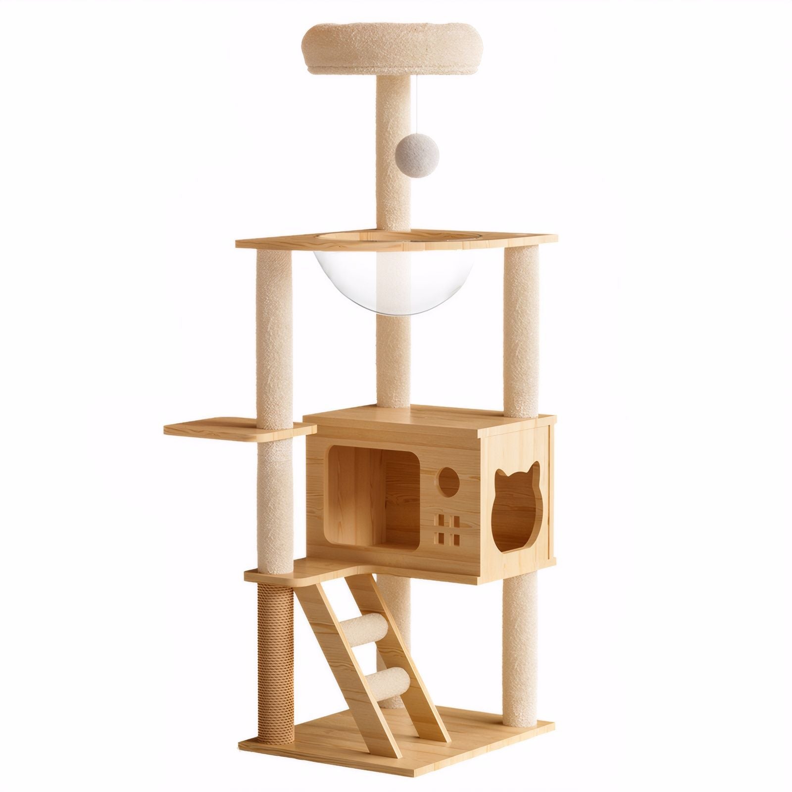 Modern Cat Tower, Wood Cat Tree Tower For Indoor Cats, Cat Tree With Sisal Covered Scratching Posts And Top Perch - Natural / White Daily Nest