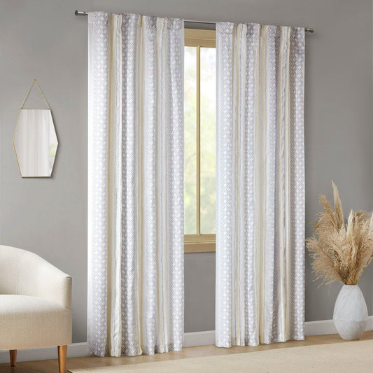 Ebby - Poly Printed Curtain Panel With Tufted Stripe (Set of 2) - White/Taupe INK+IVY