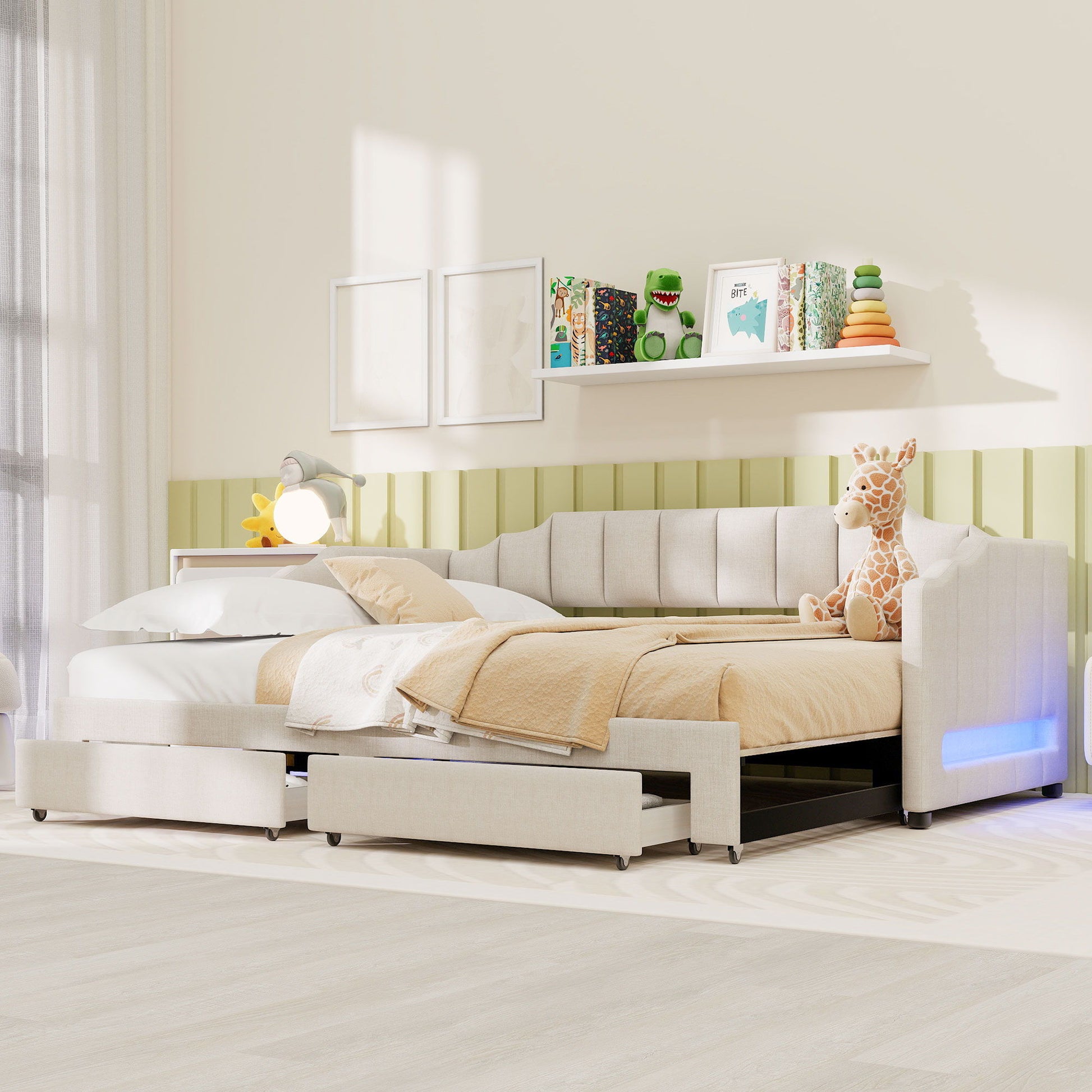 Extendable Daybed With LED Light And 2 Storage Drawers Dreamland