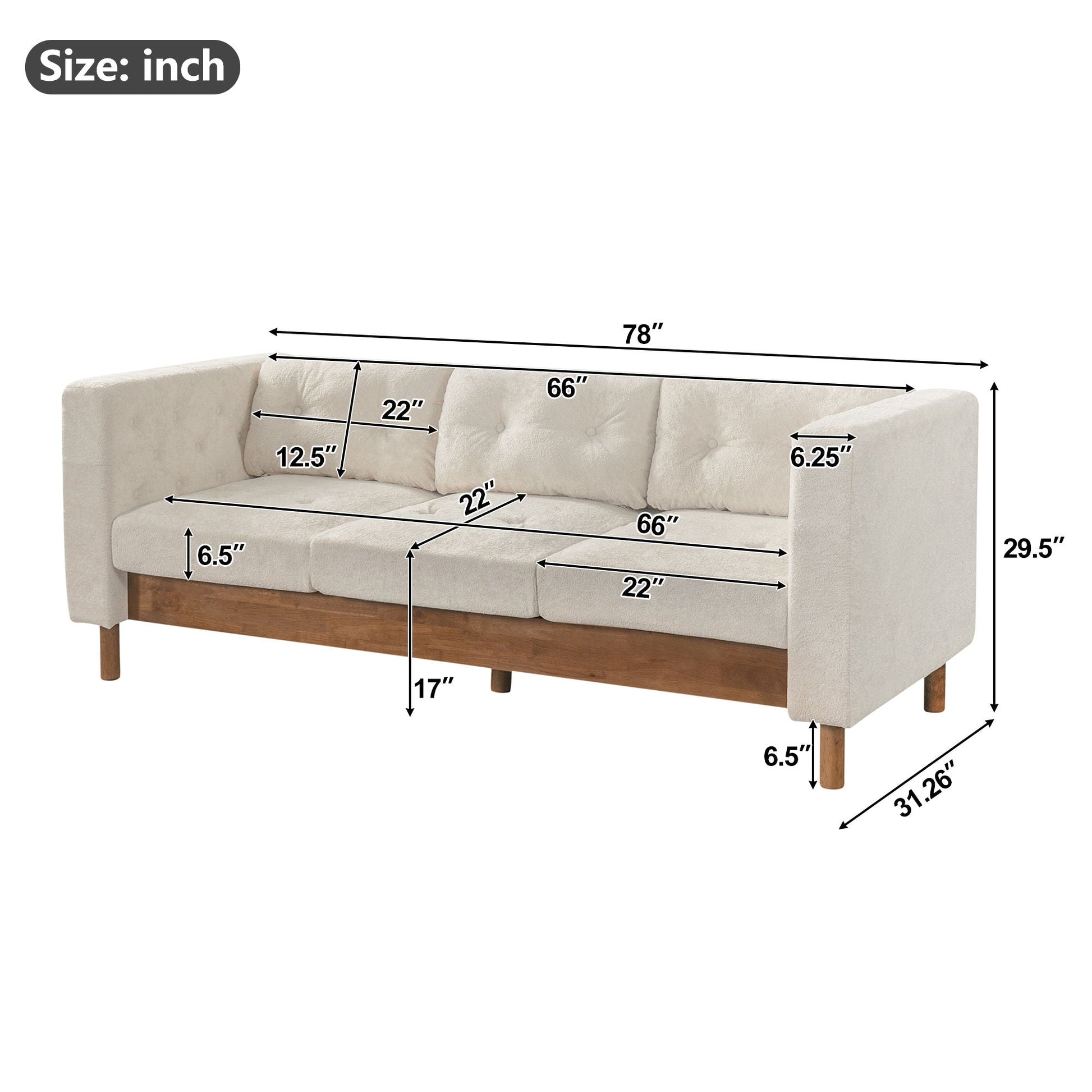 3 Seater Sofa With Square Arms, Tufted Pillow Back For Living Room Noble House