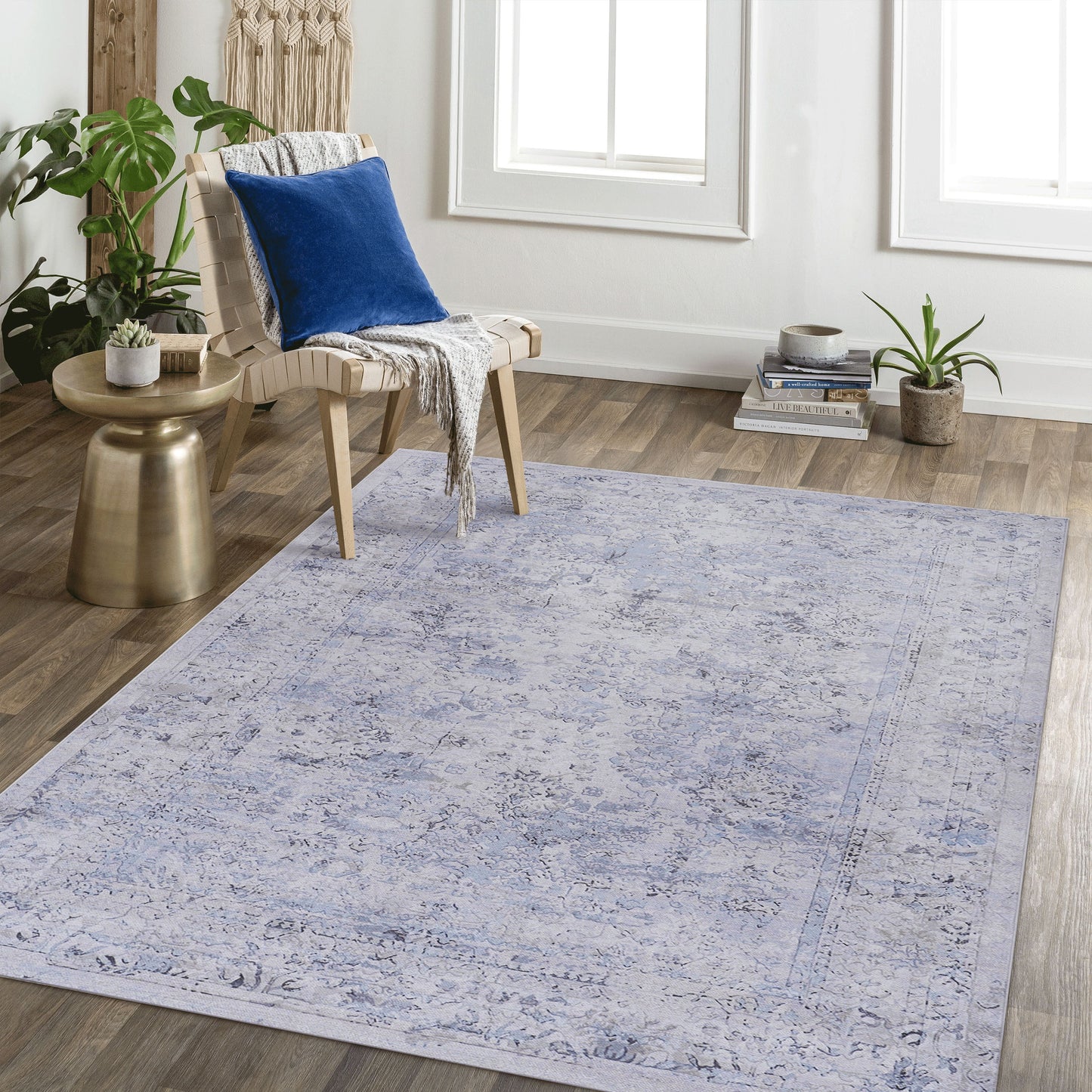 3' x 5' Area Rug, Washable Rug, Low-Pile, Non-Slip, Non-Shedding, Foldable, Kid & Pet Friendly Area Rugs For Living Room, Bedroom, Kitchen, Dining Room Rug, Perfect Gifts - Blue / Cream