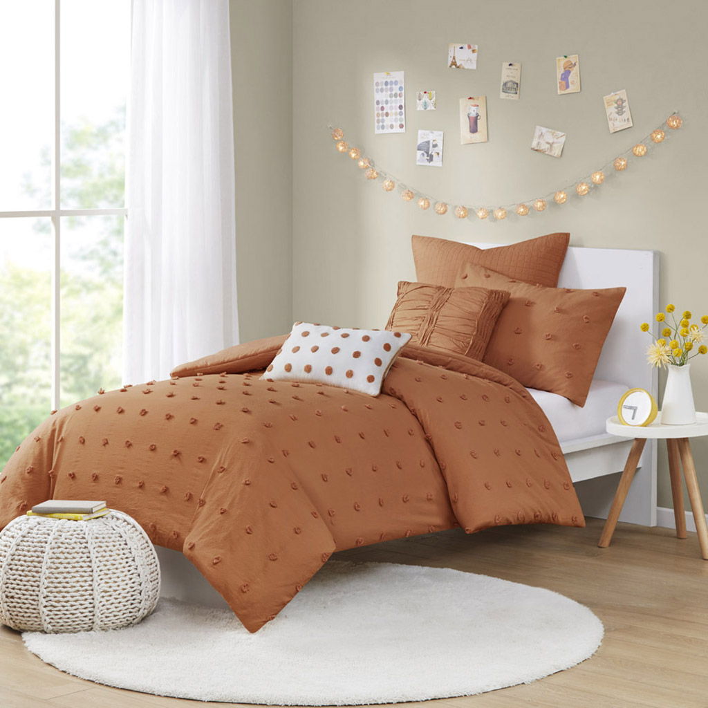 Brooklyn - Cotton Jacquard Twin Comforter Set With Euro Shams and Throw Pillows - Rust