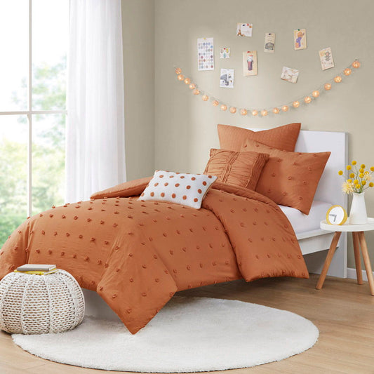 Brooklyn - Cotton Jacquard Twin Comforter Set With Euro Shams and Throw Pillows - Rust