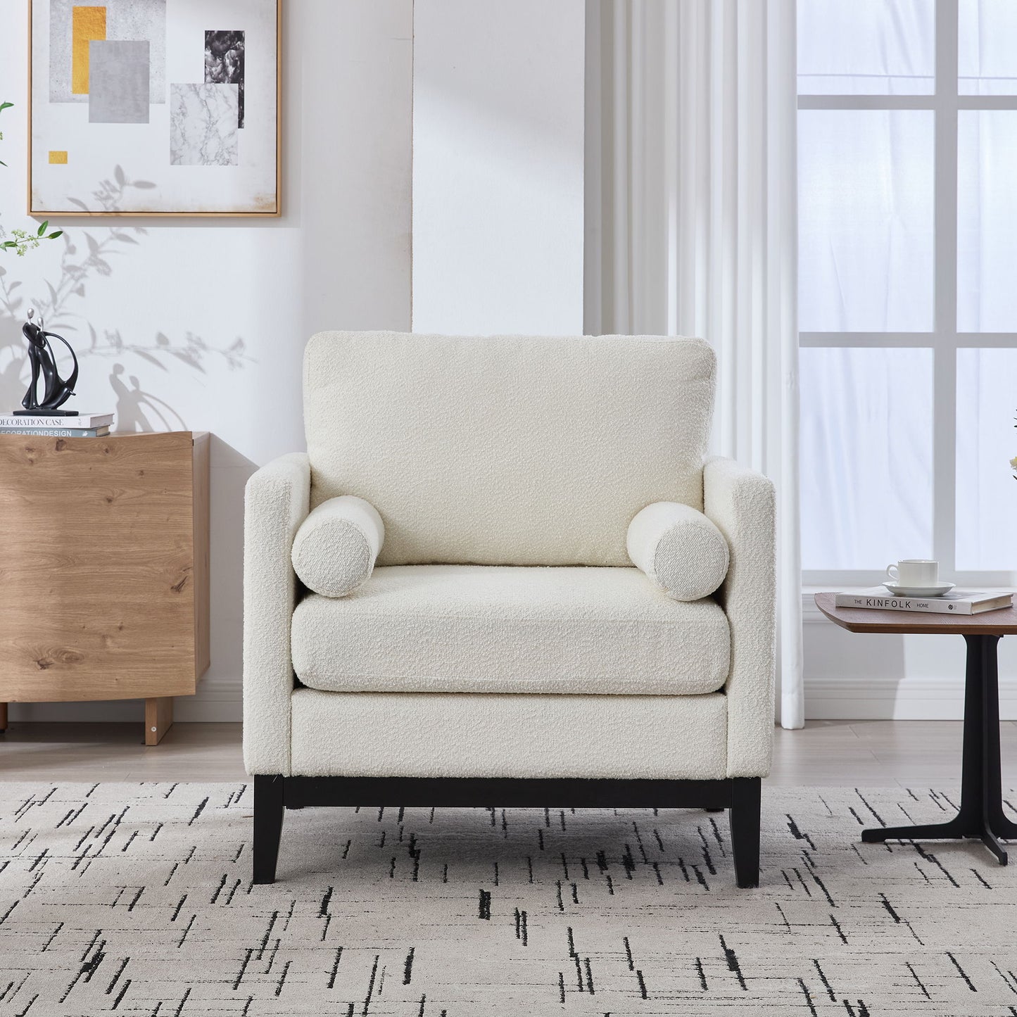 Wide Modern Farmhouse Performance Accent Chair With Legs, Wood Base Home Essentials