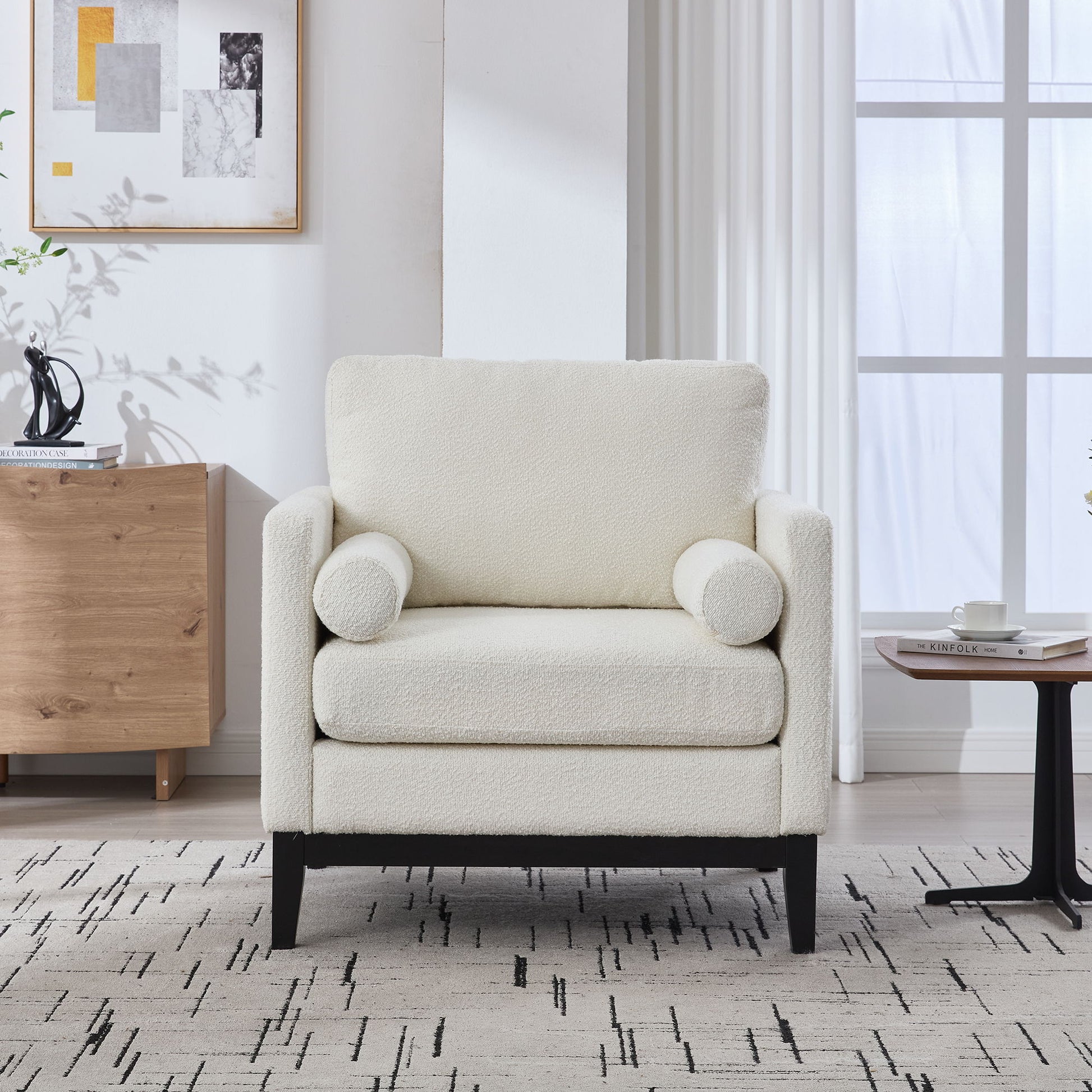 Wide Modern Farmhouse Performance Accent Chair With Legs, Wood Base Home Essentials