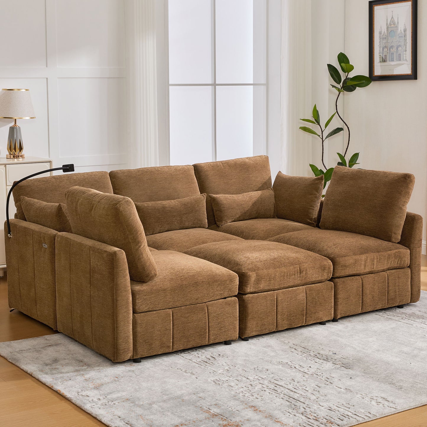 Modern Modular U-Shaped Sofa Bed With Movable Ottoman, USB Ports, Phone Holder Hearth and Haven