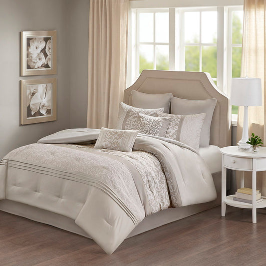 Ramsey - California King Embroidered 8 Piece Comforter Set - Neutral 510 Design