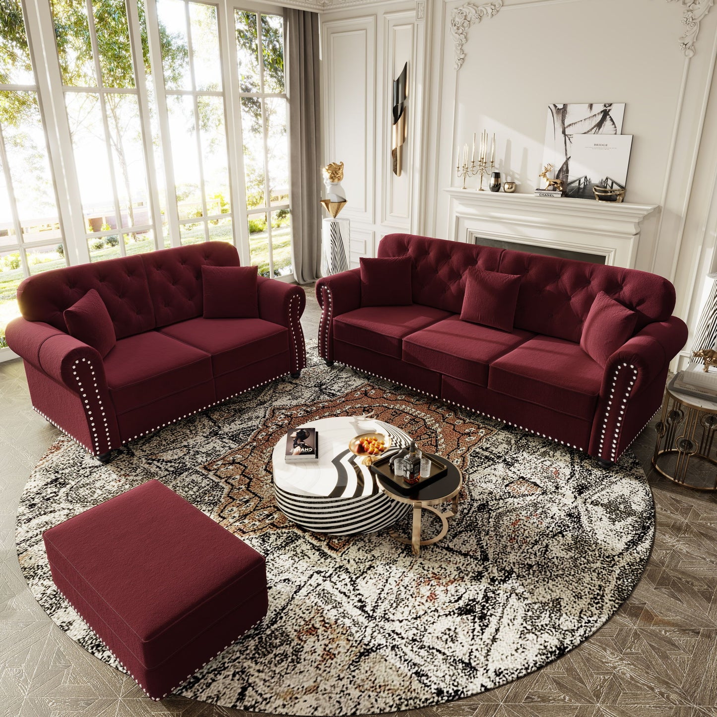 Upholstered Sofa Set With Nailhead Trim And Rolled Armrests, Includes Pillows Home Essentials