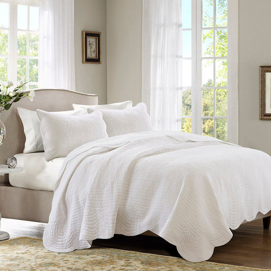 Tuscany - King 3 Piece Reversible Scalloped Edge Coverlet Set - White Madison Park