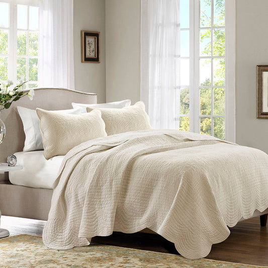 Tuscany - 3 Piece Reversible Scalloped Edge Coverlet Set - Cream